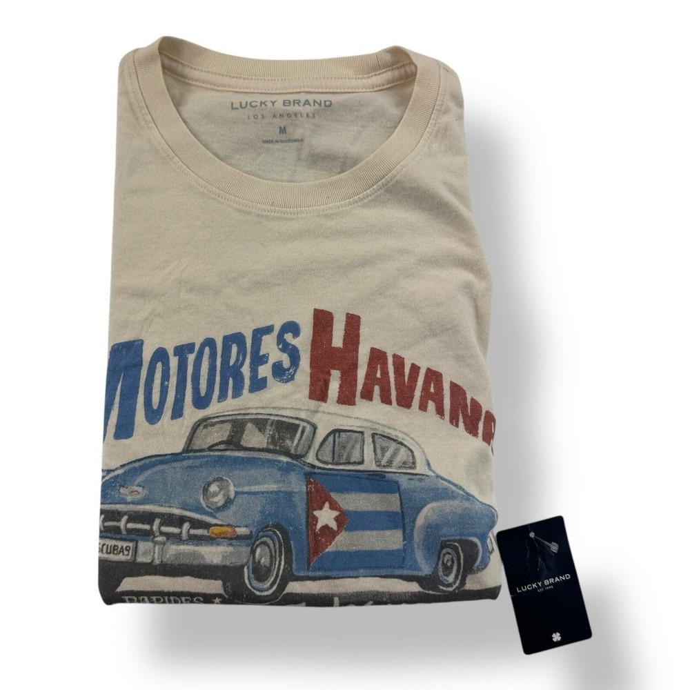 Lucky Brand NWT‎ Short Sleeve Cotton T-Shirt Cream Motores Havana Graphic Medium